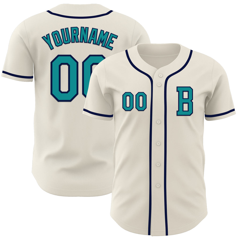 Custom Cream Teal-Navy Authentic Baseball Jersey