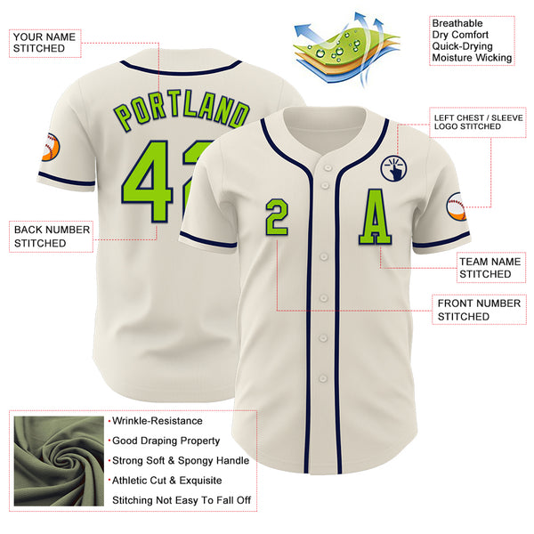 Custom Cream Neon Green-Navy Authentic Baseball Jersey