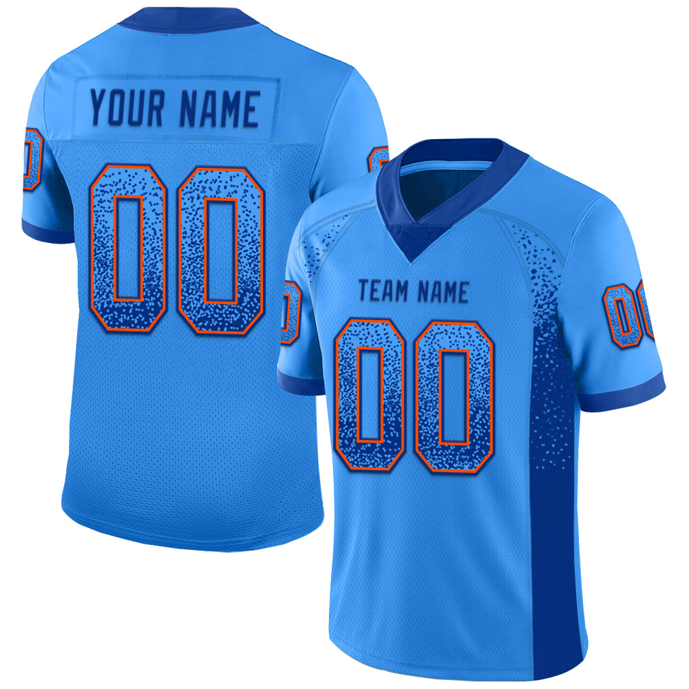 Custom Powder Blue Royal-Orange Mesh Drift Fashion Football Jersey