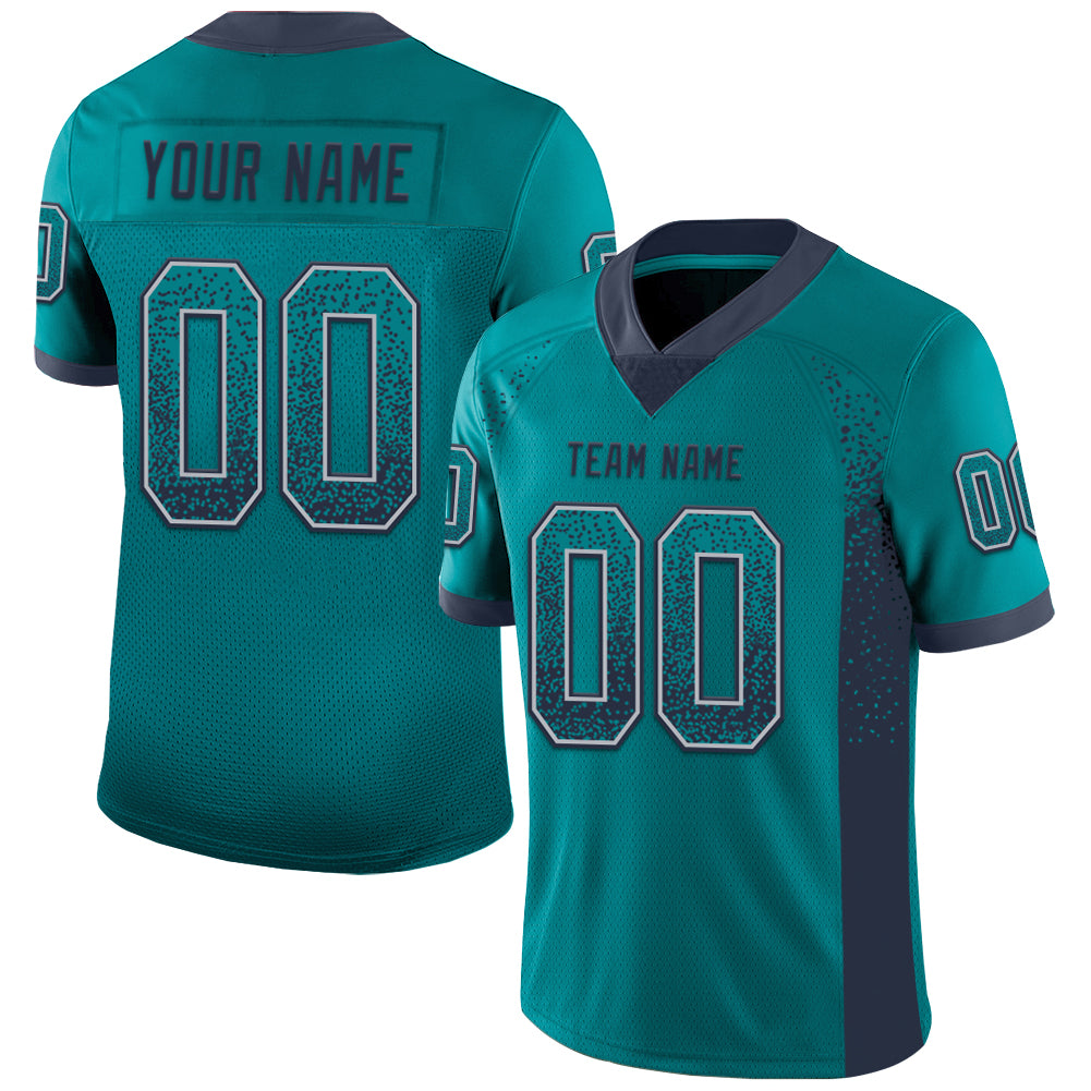 Custom Teal Navy-Gray Mesh Drift Fashion Football Jersey