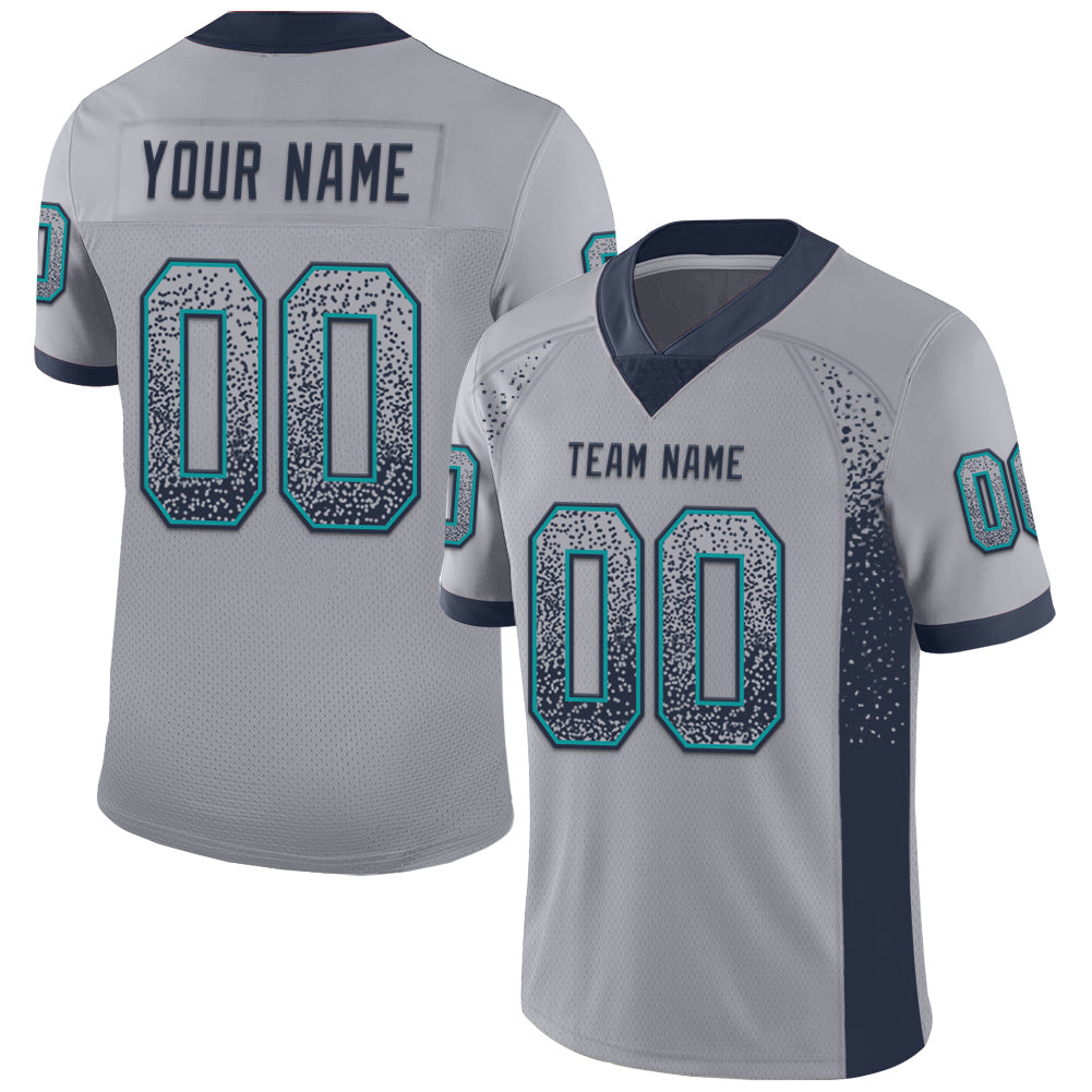 Custom Gray Navy-Teal Mesh Drift Fashion Football Jersey