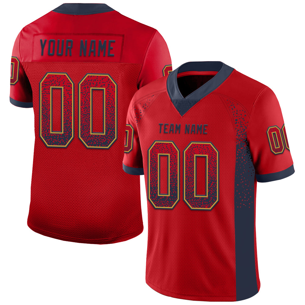 Custom Red Navy-Old Gold Mesh Drift Fashion Football Jersey