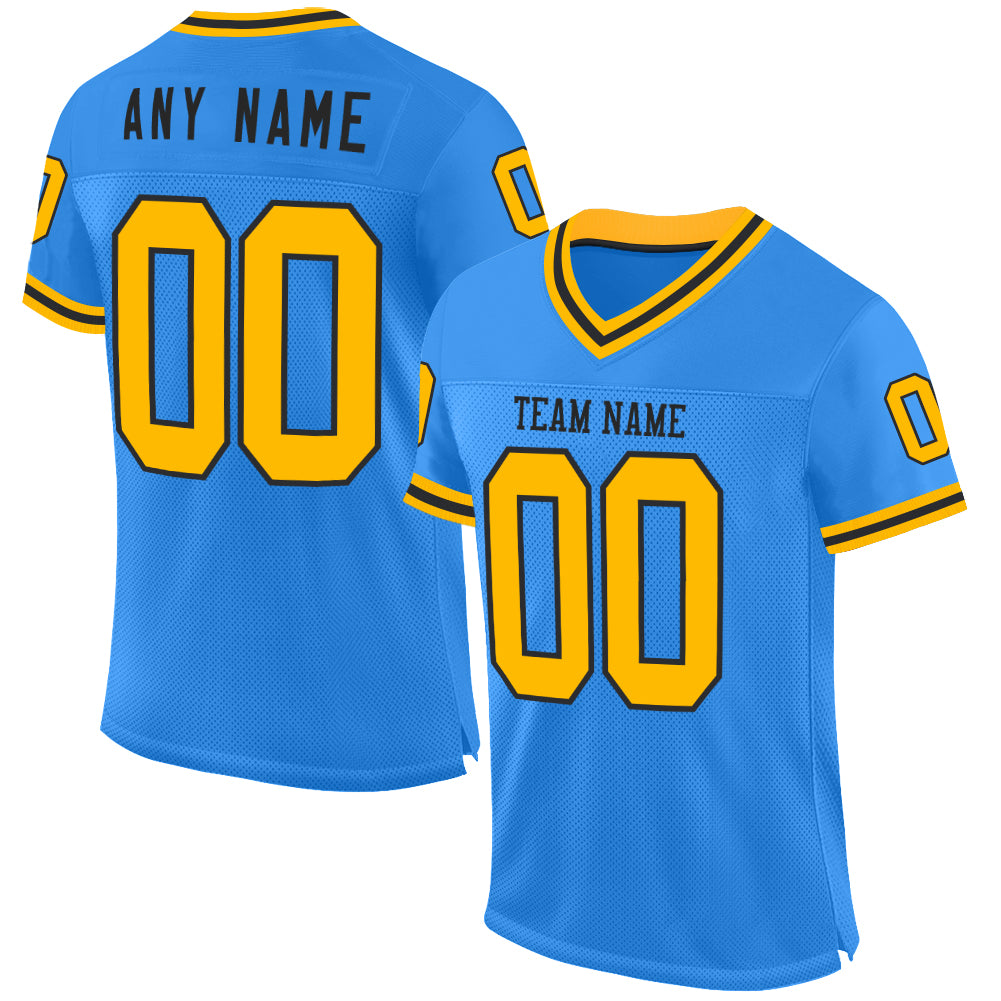 Custom Powder Blue Gold-Black Mesh Authentic Throwback Football Jersey