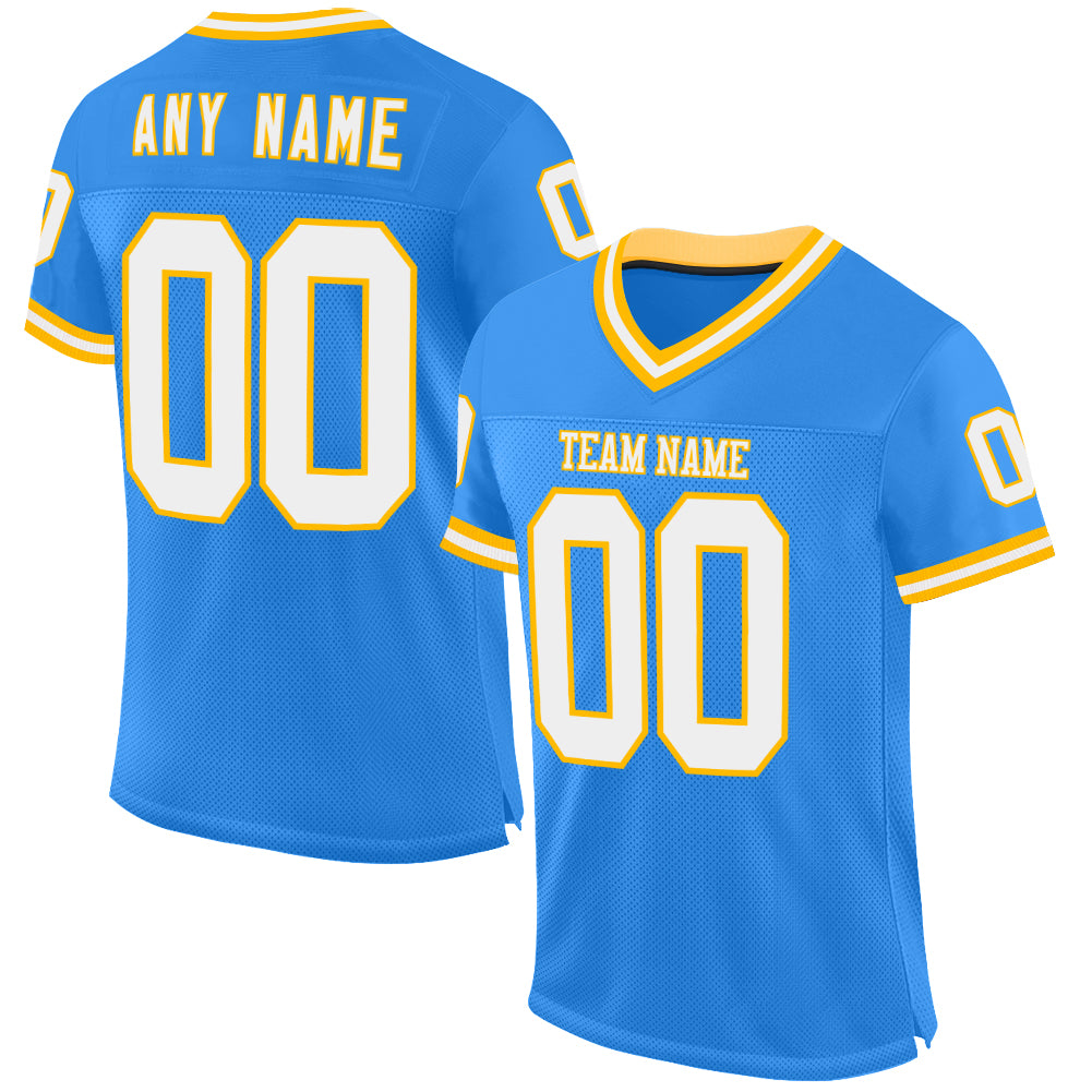 Custom Powder Blue White-Gold Mesh Authentic Throwback Football Jersey