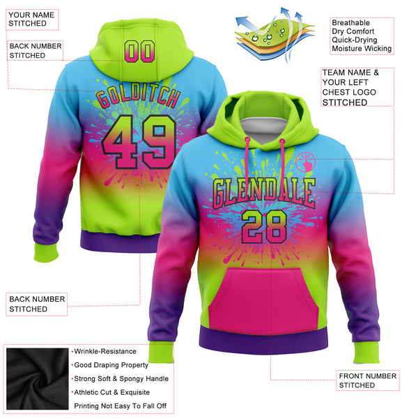 Custom Stitched Sky Blue Neon Green Hot Pink Purple-Black Fade Fashion Splash Sports Pullover Sweatshirt Hoodie