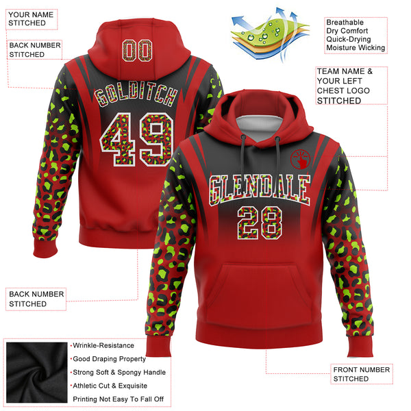 Custom Stitched Black Red-Neon Green Fade Fashion Leopard Print Sports Pullover Sweatshirt Hoodie