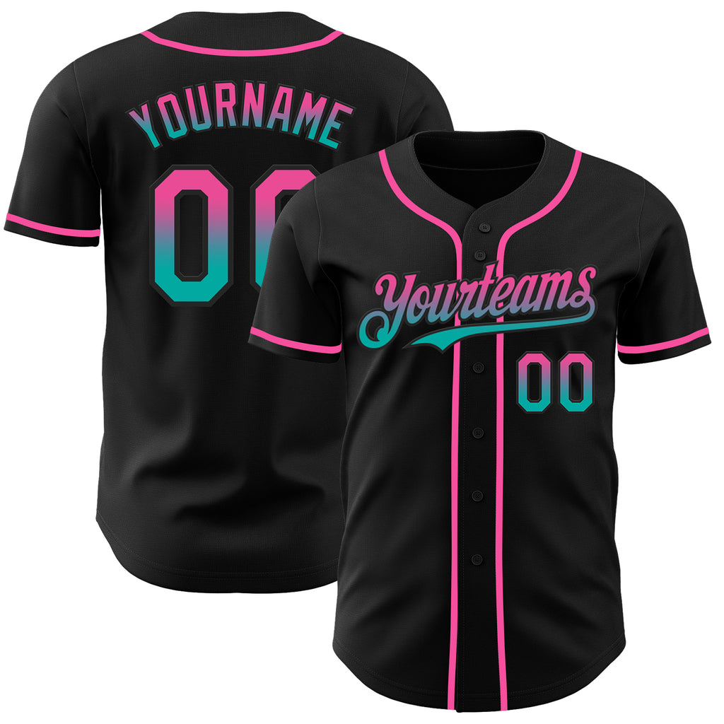 Custom Black Pink-Aqua Authentic Fade Fashion Baseball Jersey