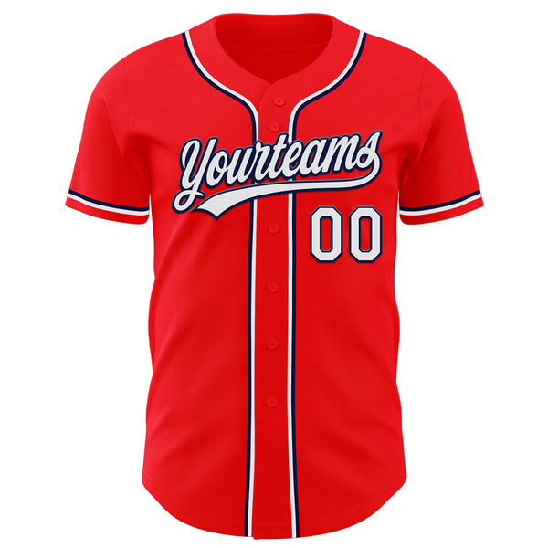 Custom Fire Red White-Navy Authentic Baseball Jersey