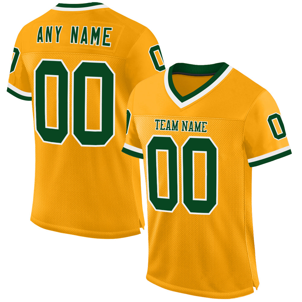 Custom Gold Green-White Mesh Authentic Throwback Football Jersey