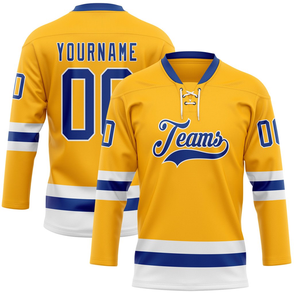 Custom Gold Royal-White Hockey Lace Neck Jersey