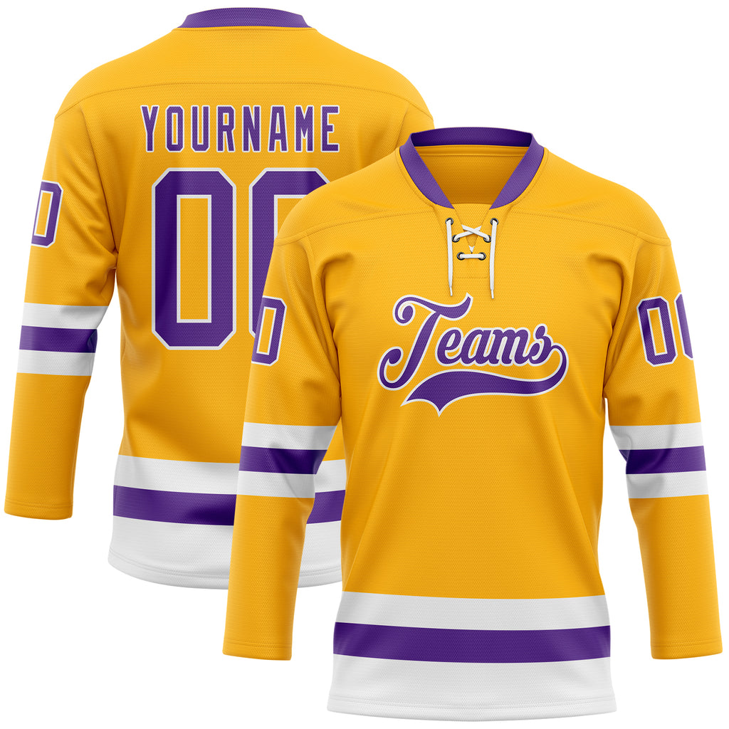 Custom Gold Purple-White Hockey Lace Neck Jersey