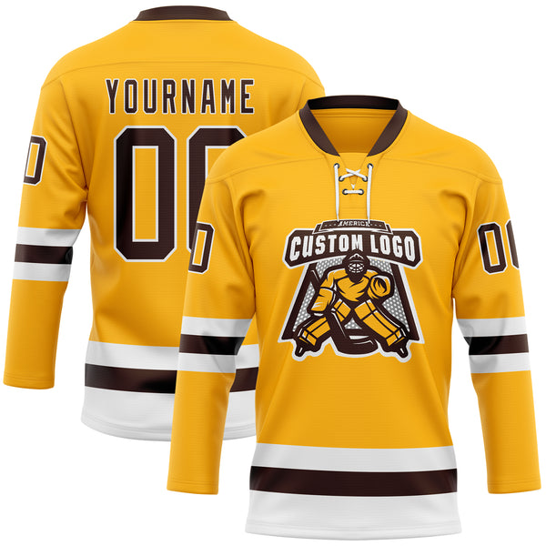 Custom Gold Brown-White Hockey Lace Neck Jersey