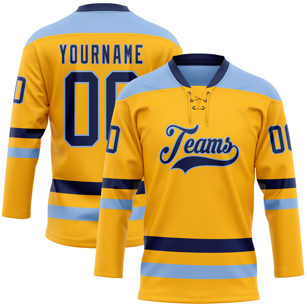 Custom Gold Navy-Light Blue Hockey Lace Neck Jersey