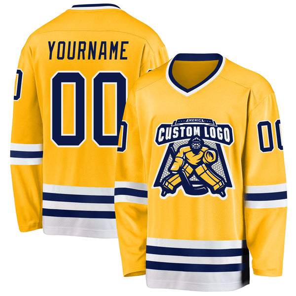 Custom Gold Navy-White Hockey Jersey