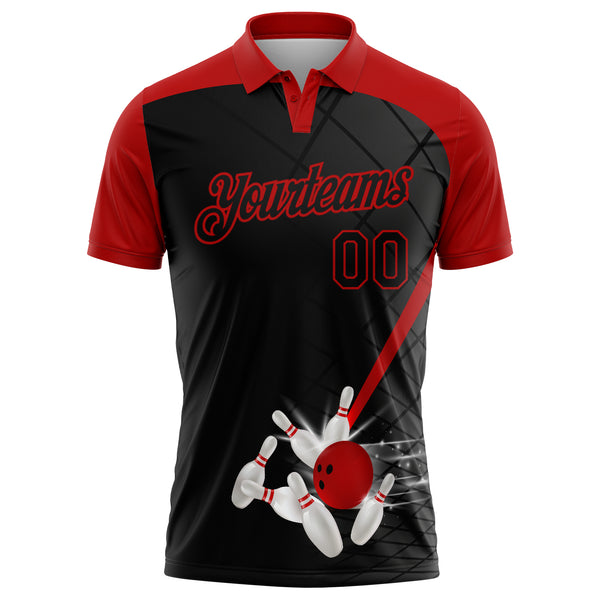 Custom Black Red 3D Pattern Design Bowling Performance Polo Shirt