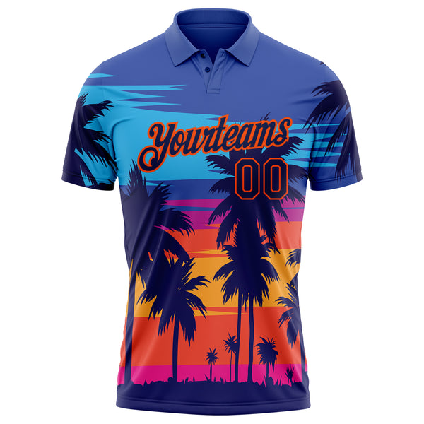 Custom Powder Blue Navy-Orange 3D Pattern Design Hawaii Palm Trees Performance Golf Polo Shirt