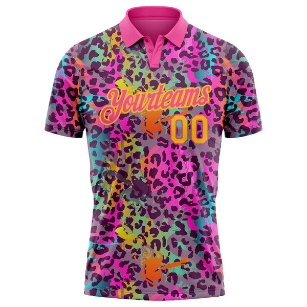 Custom Graffiti Pattern Yellow-Pink 3D Colorful Leopard Print Performance Golf Polo Shirt