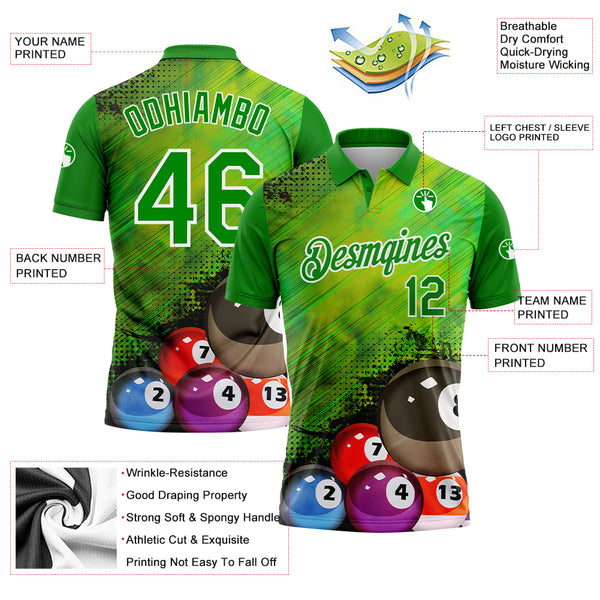 Custom Neon Green White 3D Pattern Design Billiards Performance Polo Shirt