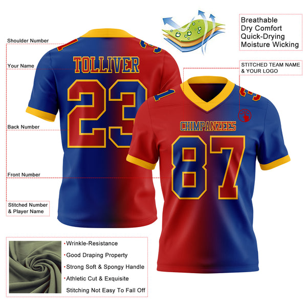 Custom Royal Red-Gold Mesh Authentic Gradient Fashion Football Jersey