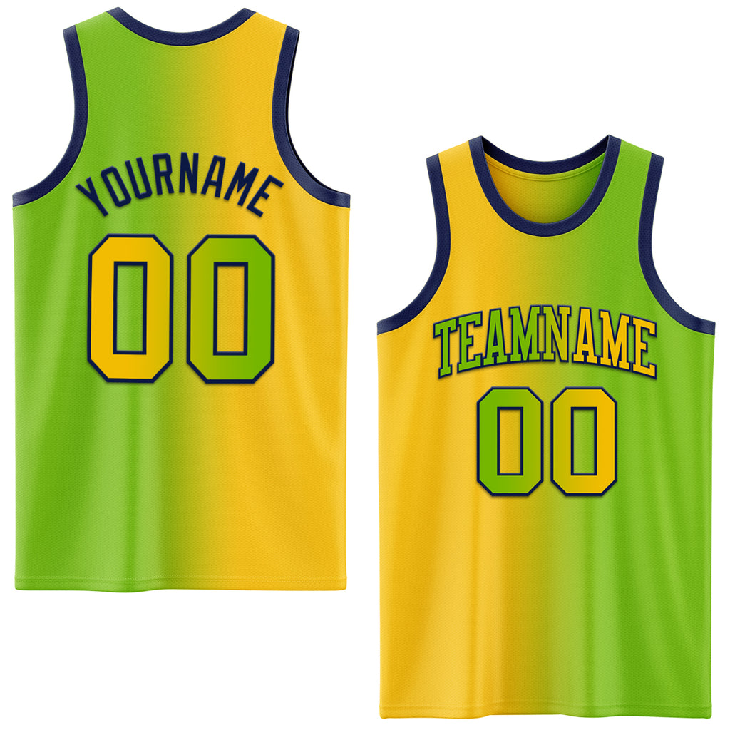 Custom Neon Green Yellow-Navy Authentic Gradient Fashion Basketball Jersey