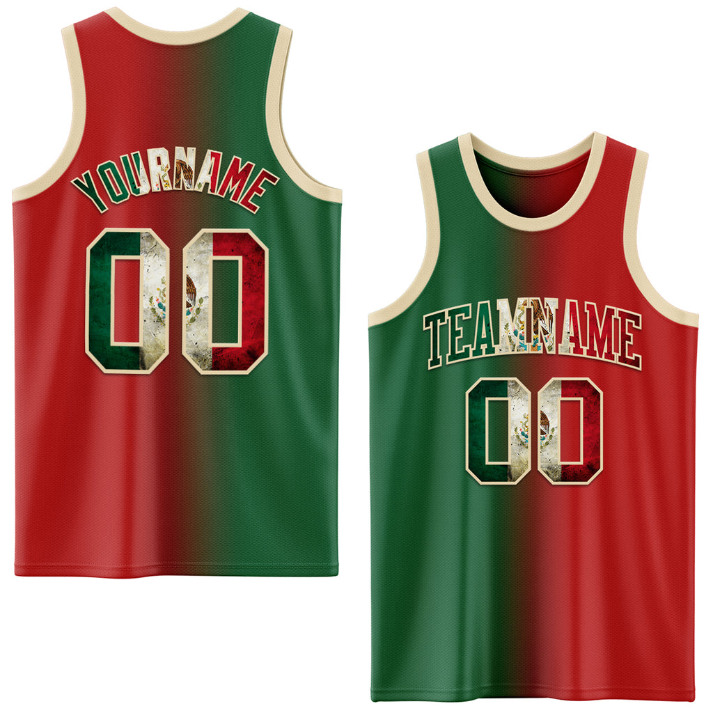 Custom Red Vintage Mexican Flag Kelly Green-Cream Authentic Gradient Fashion Basketball Jersey