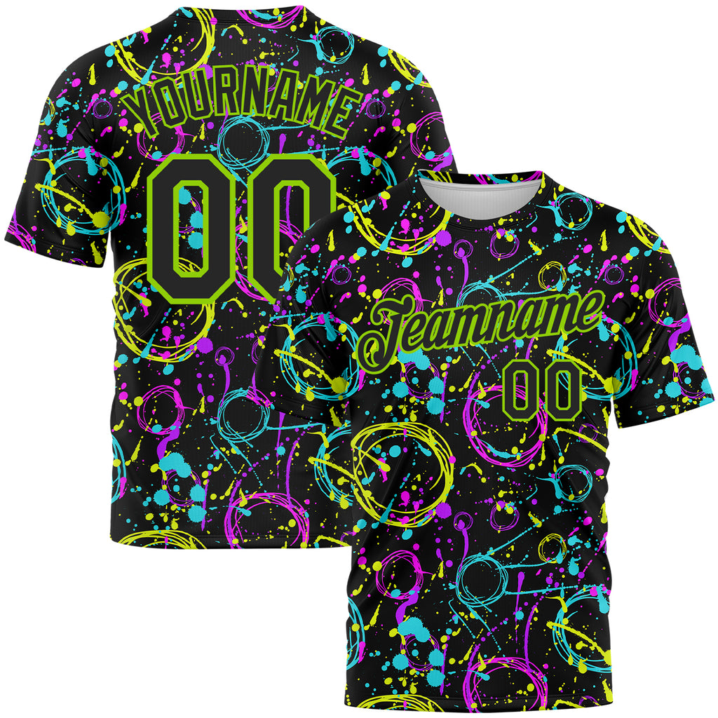 Custom Graffiti Pattern Black-Neon Green 3D Neon Splatter Performance T-Shirt