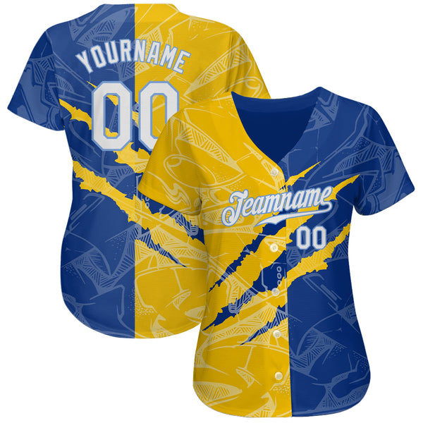 Custom Graffiti Pattern White Yellow Royal-Light Blue 3D Scratch Authentic Baseball Jersey