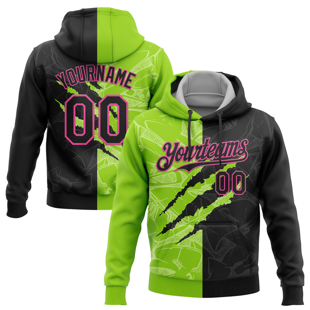 Custom Stitched Graffiti Pattern Black Neon Green-Pink 3D Scratch Sports Pullover Sweatshirt Hoodie