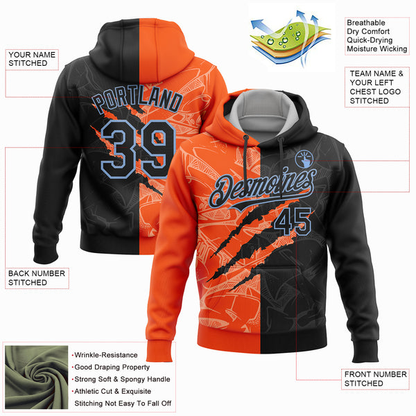 Custom Stitched Graffiti Pattern Black Orange-Light Blue 3D Scratch Sports Pullover Sweatshirt Hoodie