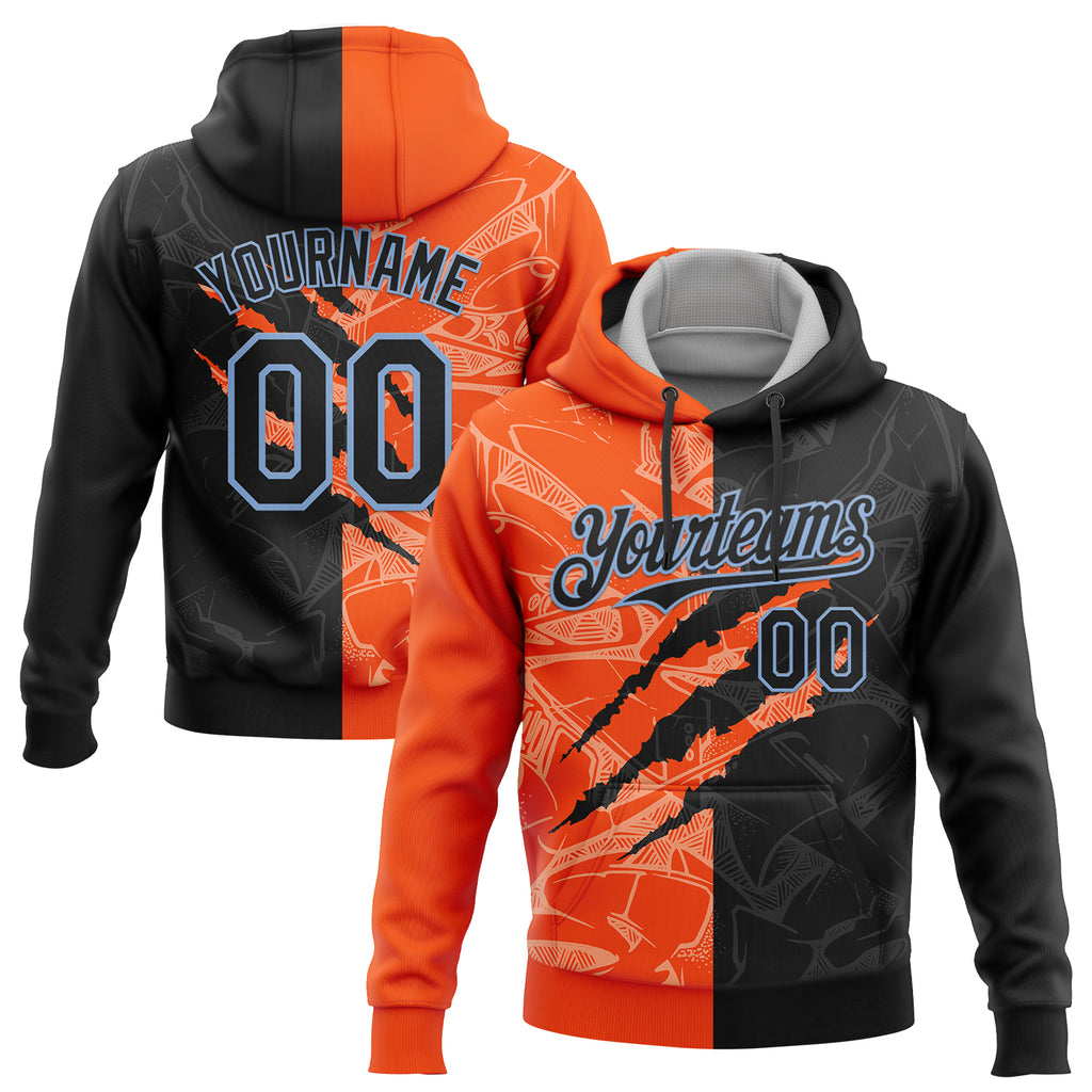 Custom Stitched Graffiti Pattern Black Orange-Light Blue 3D Scratch Sports Pullover Sweatshirt Hoodie