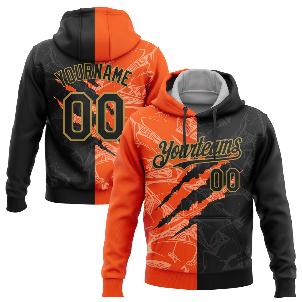 Custom Stitched Graffiti Pattern Black Orange-Old Gold 3D Scratch Sports Pullover Sweatshirt Hoodie