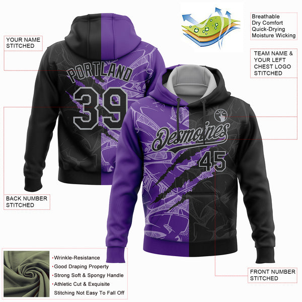 Custom Stitched Graffiti Pattern Black Purple-Gray 3D Scratch Sports Pullover Sweatshirt Hoodie