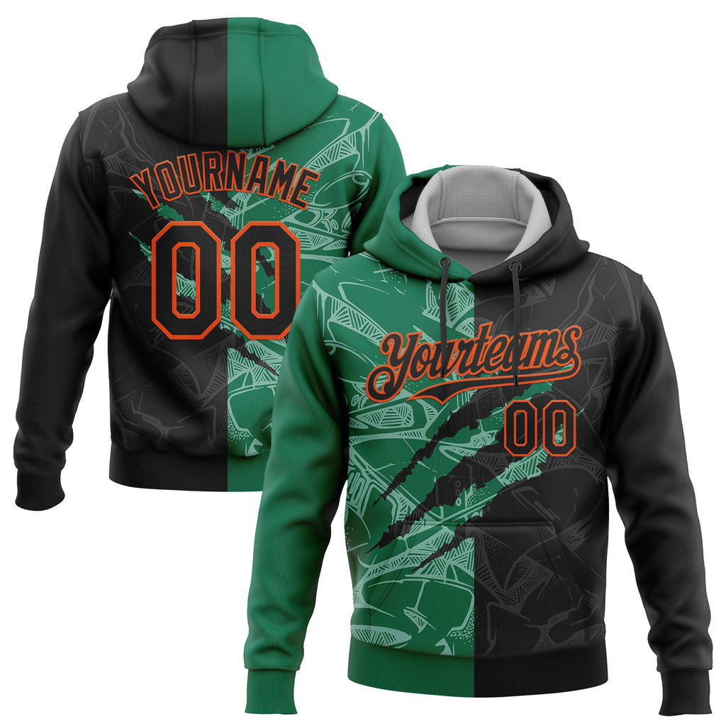 Custom Stitched Graffiti Pattern Black Kelly Green-Orange 3D Scratch Sports Pullover Sweatshirt Hoodie