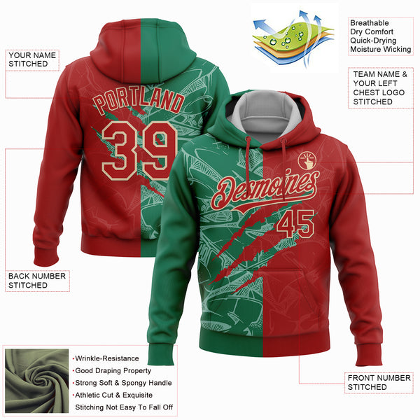 Custom Stitched Graffiti Pattern Red Kelly Green-City Cream 3D Scratch Sports Pullover Sweatshirt Hoodie