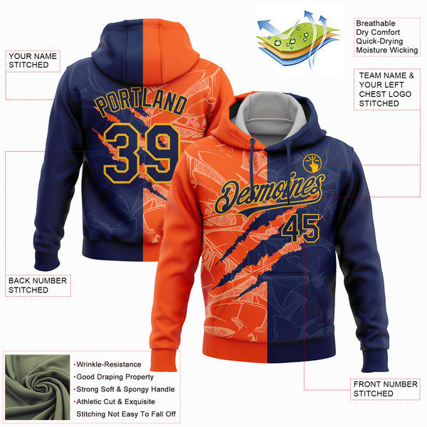 Custom Stitched Graffiti Pattern Navy Orange-Gold 3D Scratch Sports Pullover Sweatshirt Hoodie