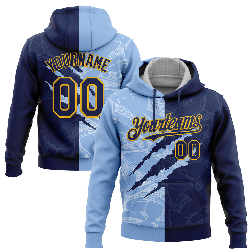 Custom Stitched Graffiti Pattern Navy Light Blue-Gold 3D Scratch Sports Pullover Sweatshirt Hoodie