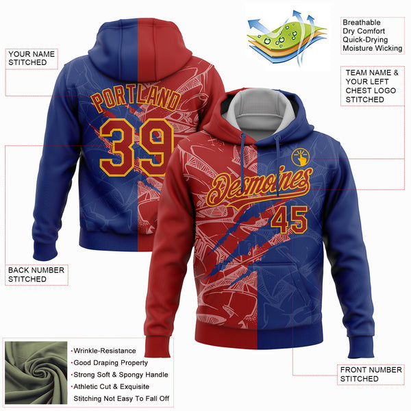 Custom Stitched Graffiti Pattern Red Royal-Gold 3D Scratch Sports Pullover Sweatshirt Hoodie