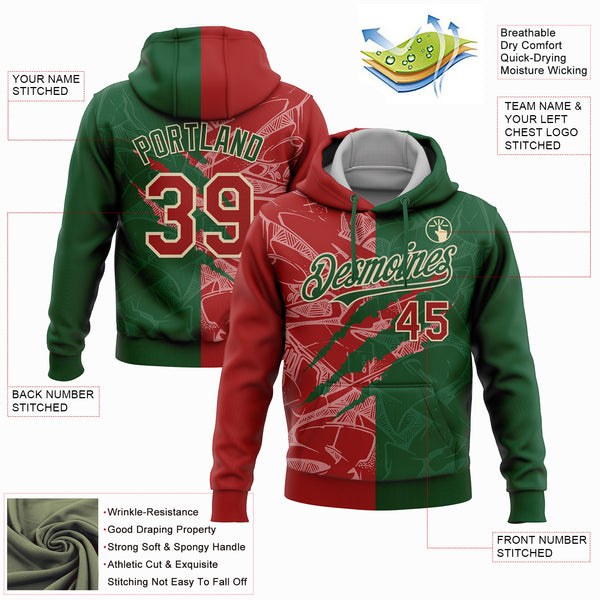 Custom Stitched Graffiti Pattern Red Green-Cream 3D Scratch Sports Pullover Sweatshirt Hoodie