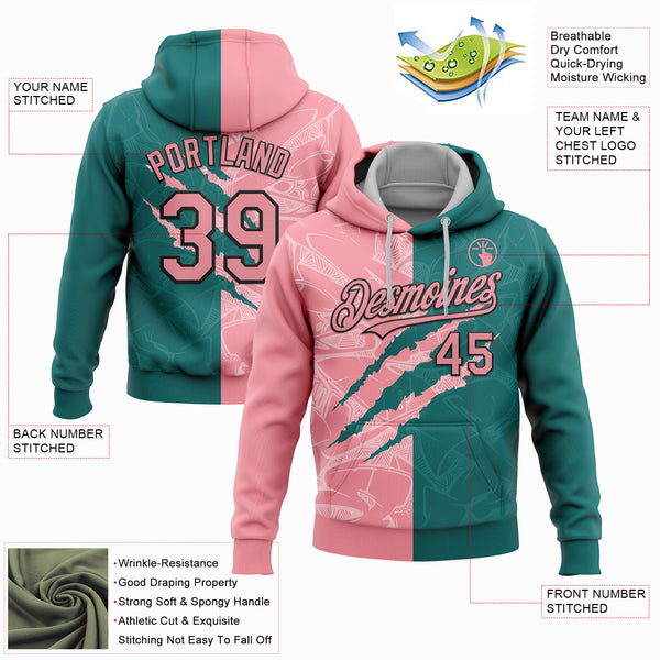 Custom Stitched Graffiti Pattern Medium Pink Teal-Black 3D Scratch Sports Pullover Sweatshirt Hoodie