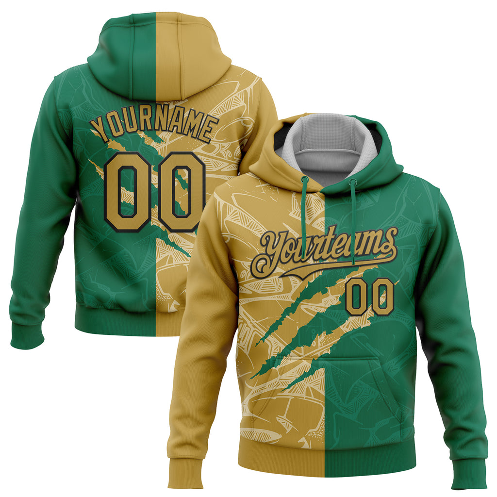 Custom Stitched Graffiti Pattern Old Gold Kelly Green-Black 3D Scratch Sports Pullover Sweatshirt Hoodie