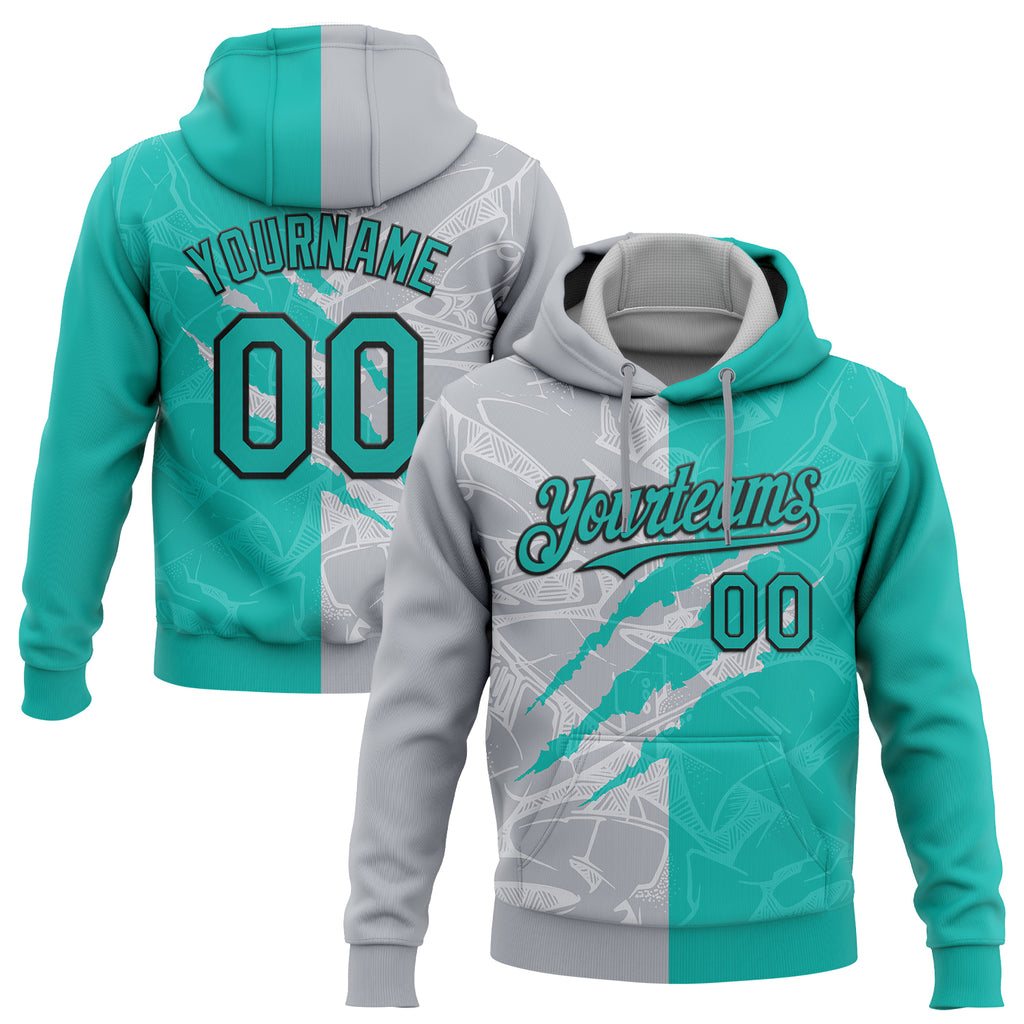 Custom Stitched Graffiti Pattern Aqua Gray-Black 3D Scratch Sports Pullover Sweatshirt Hoodie