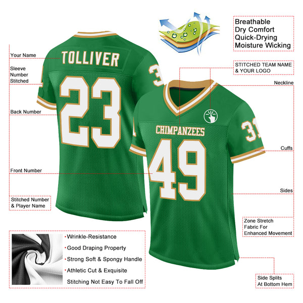 Custom Grass Green White-Old Gold Mesh Authentic Throwback Football Jersey