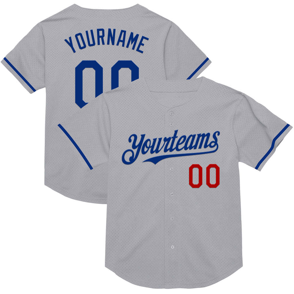 Custom Gray Royal-Red Mesh Authentic Throwback Baseball Jersey