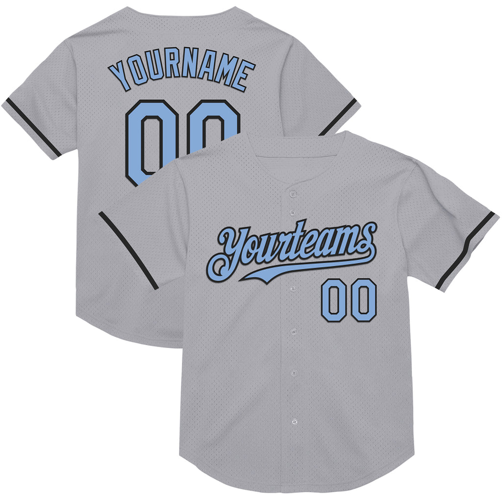 Custom Gray Light Blue-Black Mesh Authentic Throwback Baseball Jersey