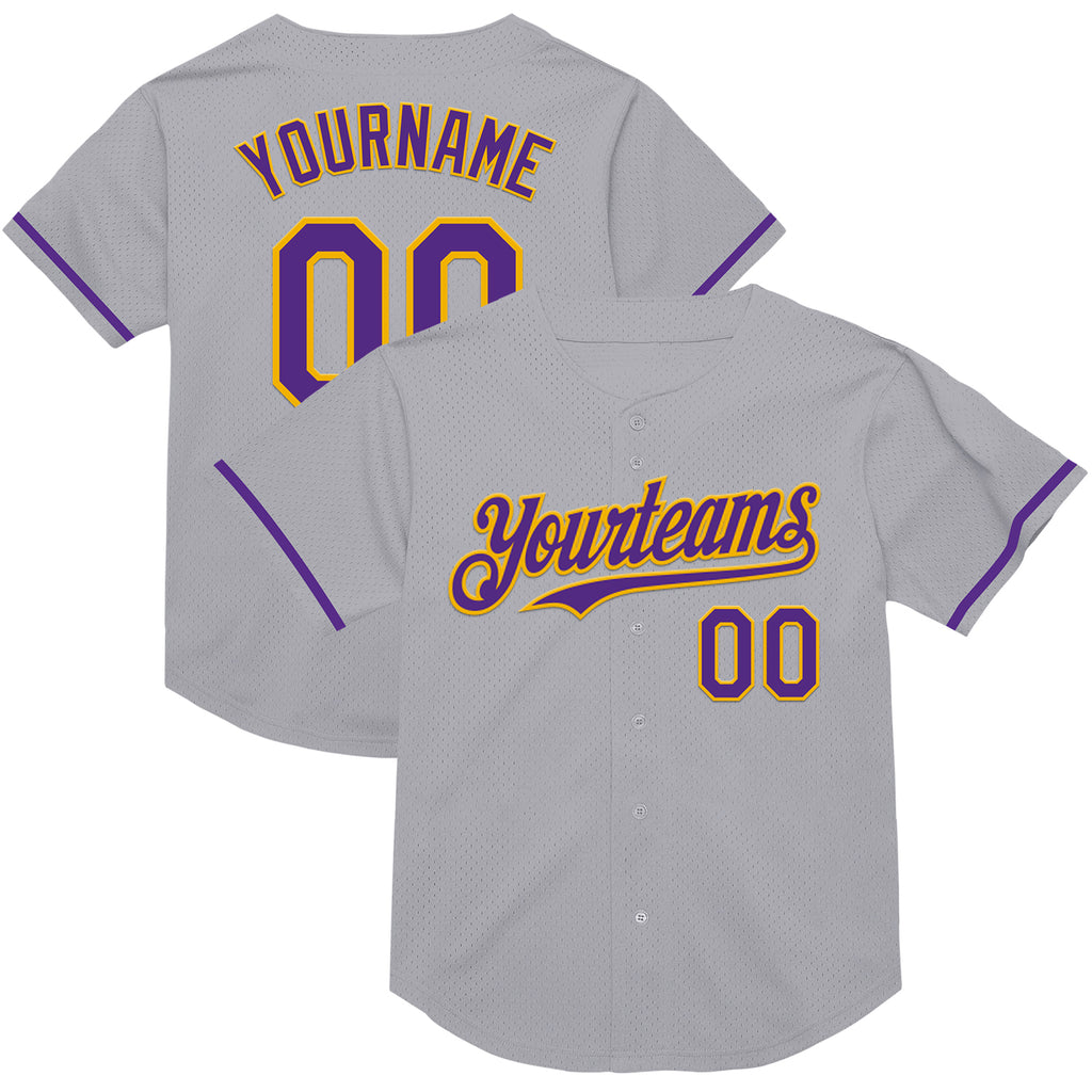 Custom Gray Purple-Gold Mesh Authentic Throwback Baseball Jersey