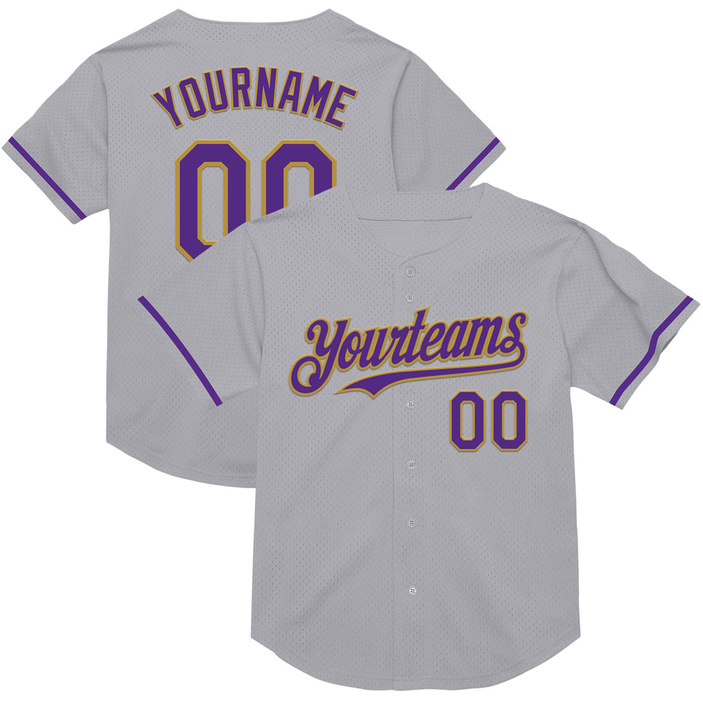 Custom Gray Purple-Old Gold Mesh Authentic Throwback Baseball Jersey