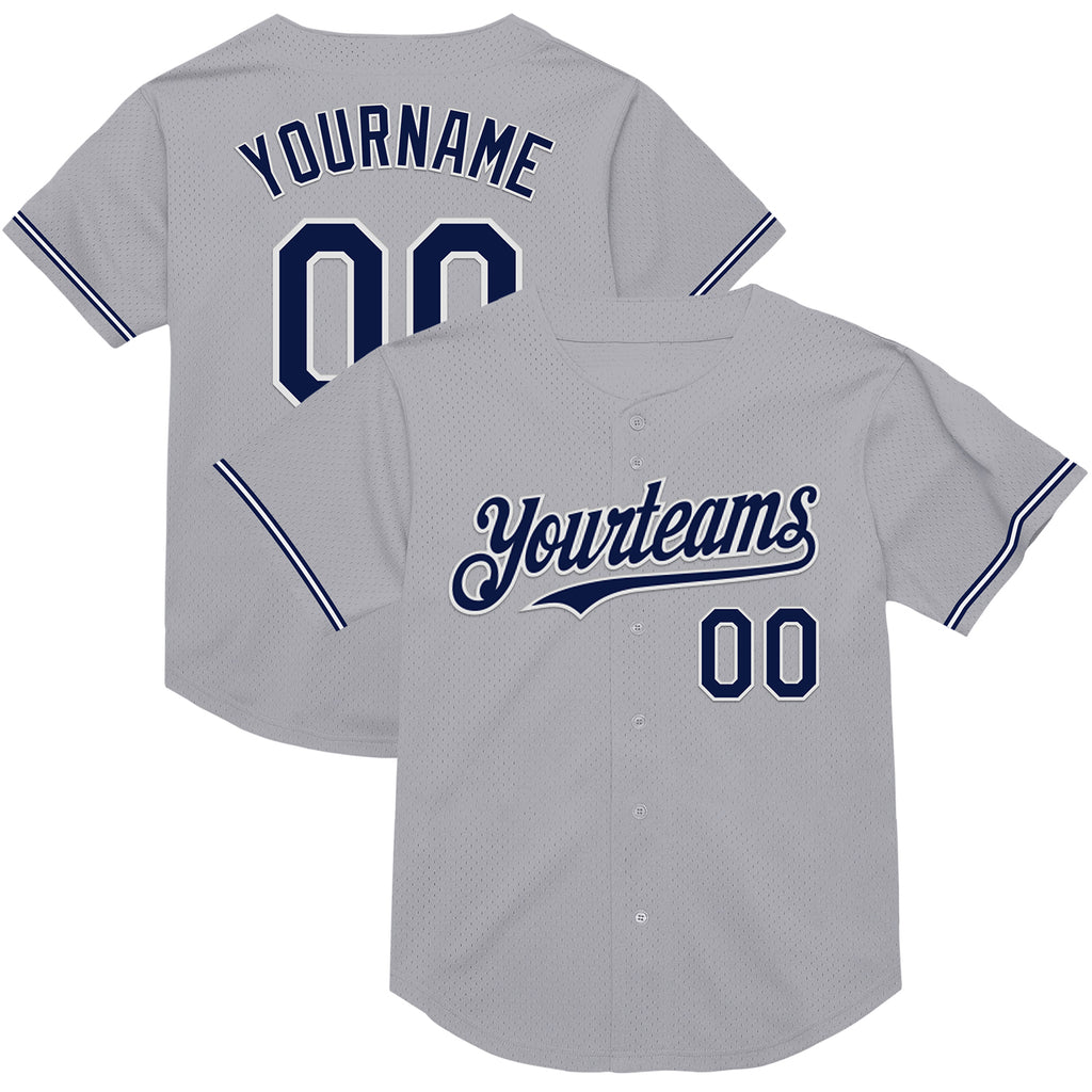 Custom Gray Navy-White Mesh Authentic Throwback Baseball Jersey