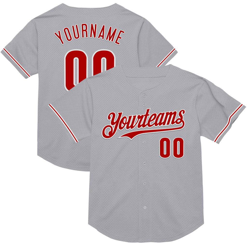 Custom Gray Red-White Mesh Authentic Throwback Baseball Jersey