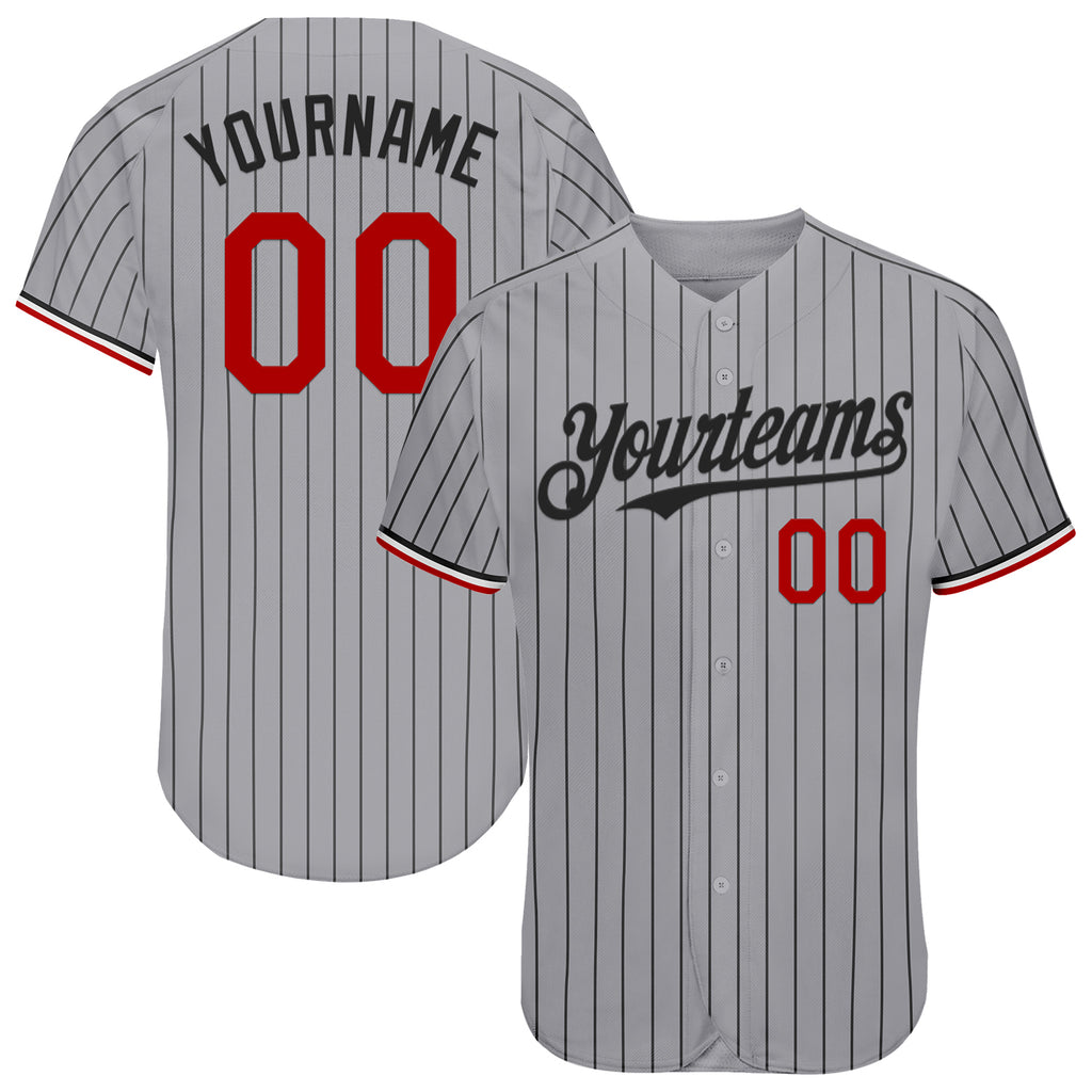 Custom Gray Black Pinstripe Red-White Authentic Baseball Jersey