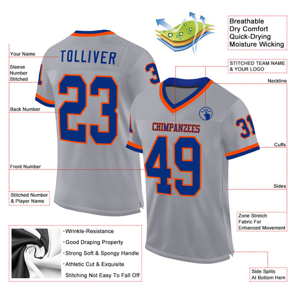 Custom Gray Royal-Orange Mesh Authentic Throwback Football Jersey